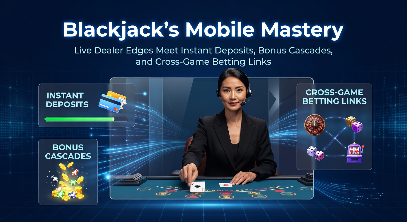 Mobiele blackjack tafel met live dealer en bonus overlays op een smartphone scherm, illustrerend snelle stortingen en cross-game links
