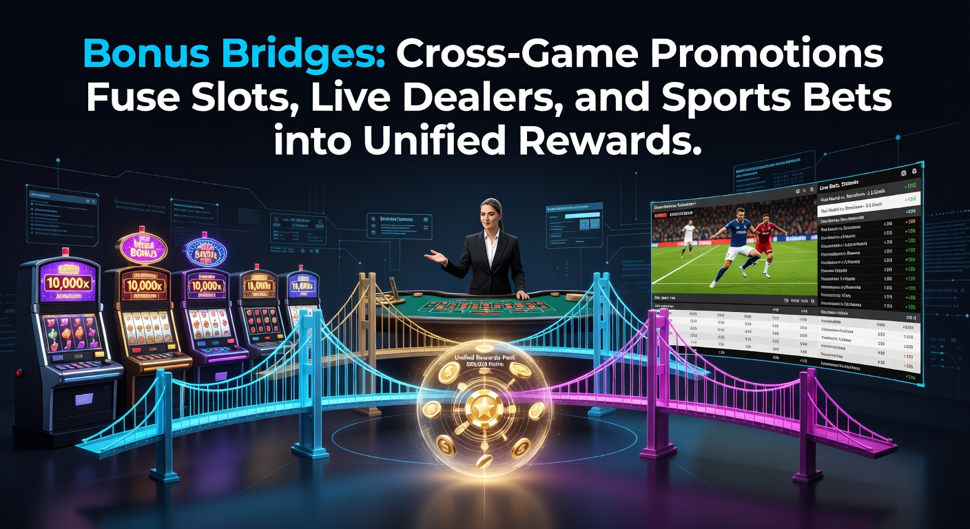 Grafische weergave van bonusbruggen die slots, live dealer tafels en sportweddenschappen verbinden in een unified rewards structuur