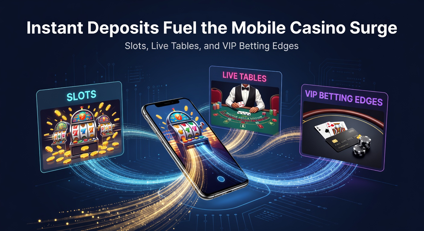 Mobiele telefoon met casino-app die een snelle storting toont, slots draaien op het scherm en live tafelachtergrond