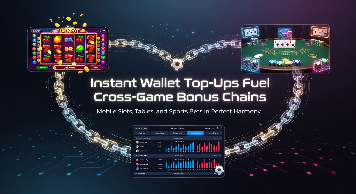 Schermafbeelding van een mobiele wallet die direct wordt opgeladen, met iconen voor slots, tafels en sportweddenschappen die bonusketens tonen