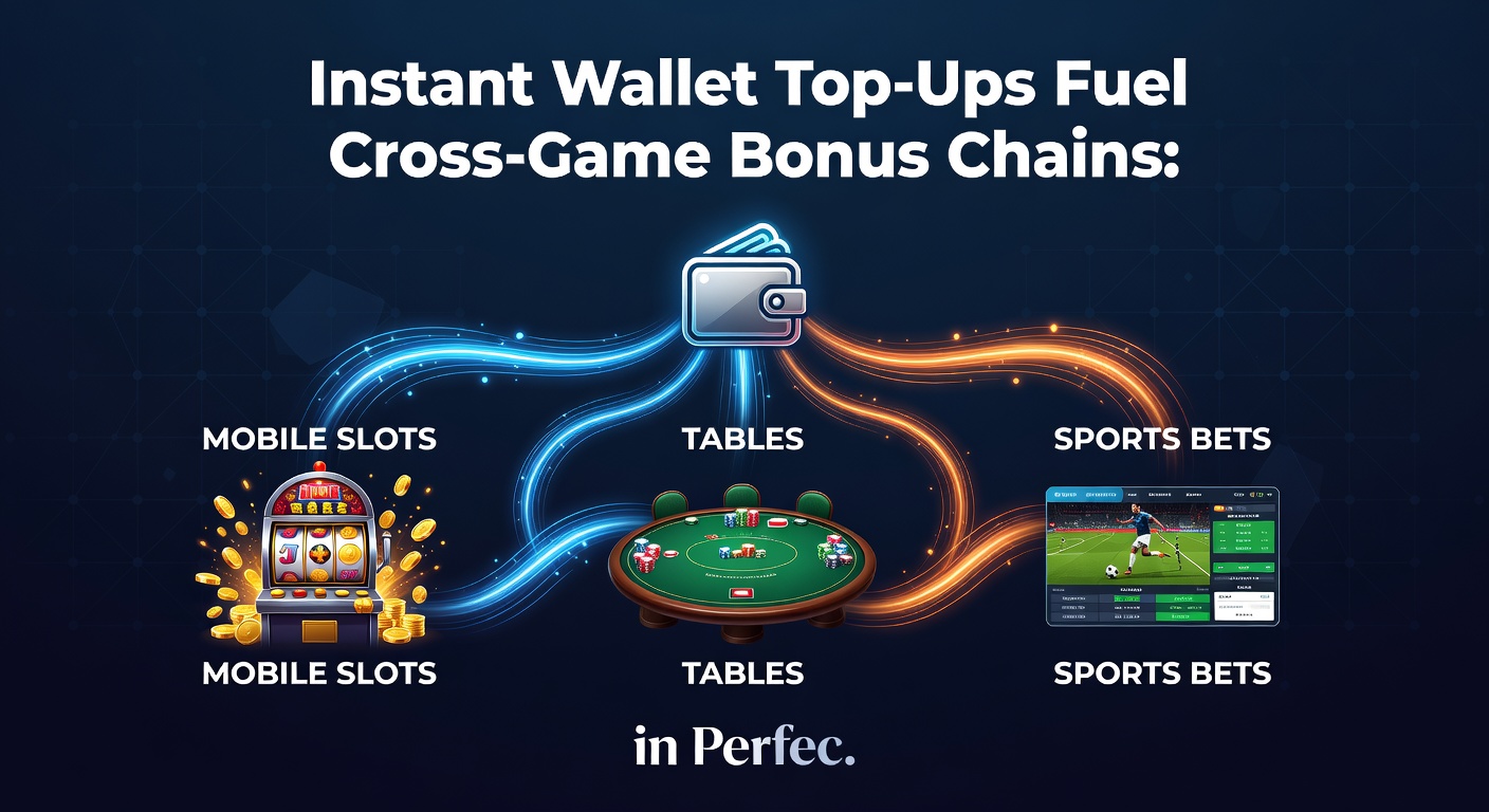 Grafiek die bonusketens illustreert tussen mobiele slots, live dealer tafels en sportweddenschappen, met pijlen die stromen tonen vanuit een centrale wallet