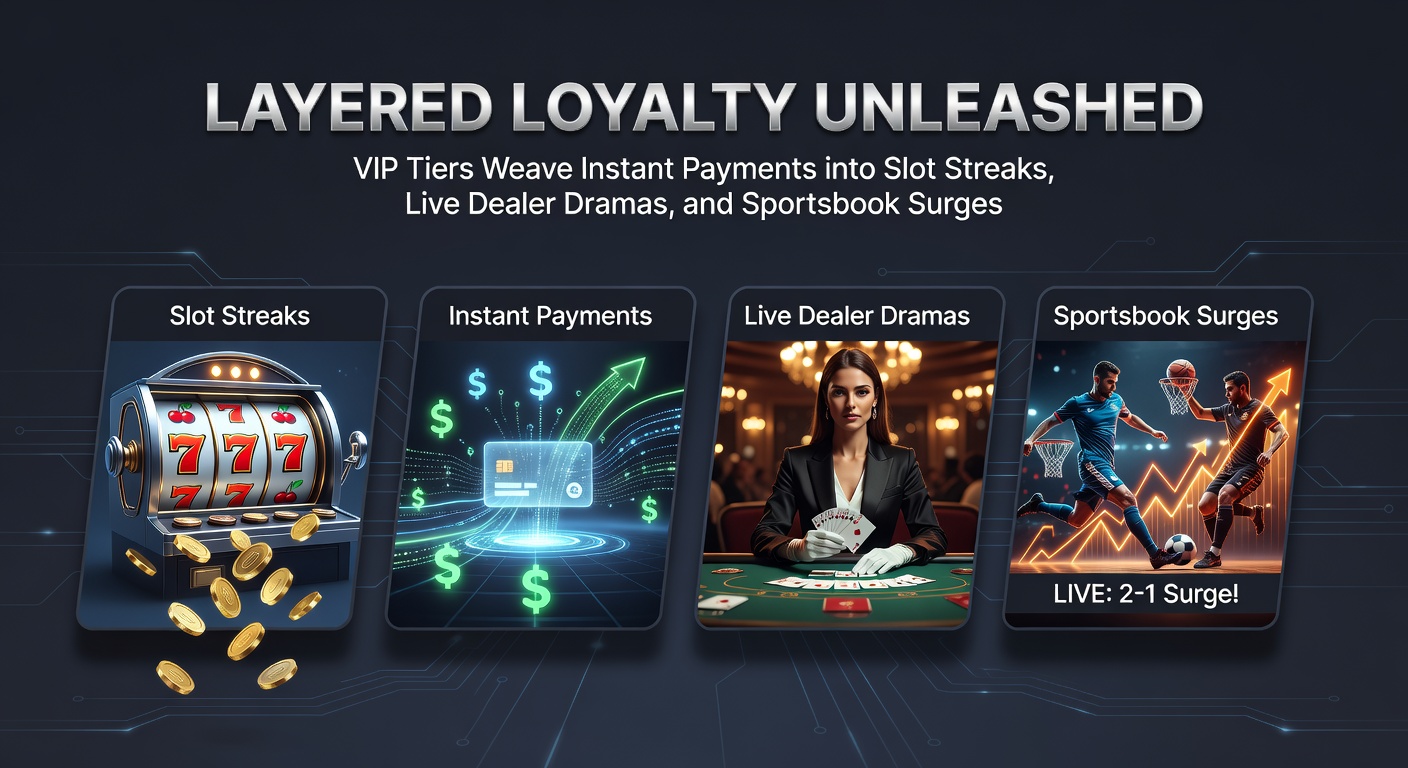 Grafische weergave van VIP-tiers met iconen voor slots, live dealers en sportweddenschappen, verbonden door snelle betaallijnen