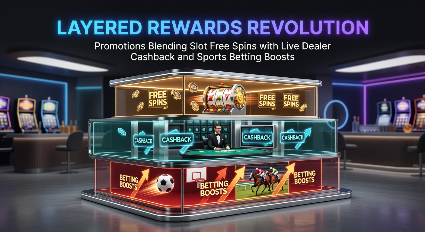 Grafische weergave van gelaagde beloningen met slots, live dealers en sportweddenschappen in een dynamische mix