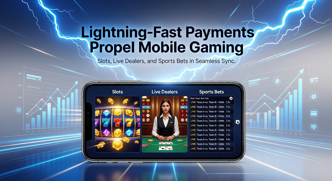 Mobiele telefoon met slots, live dealer tafels en sportweddenschappen, geïllustreerd met bliksemsnelle betaaliconen zoals iDEAL en crypto