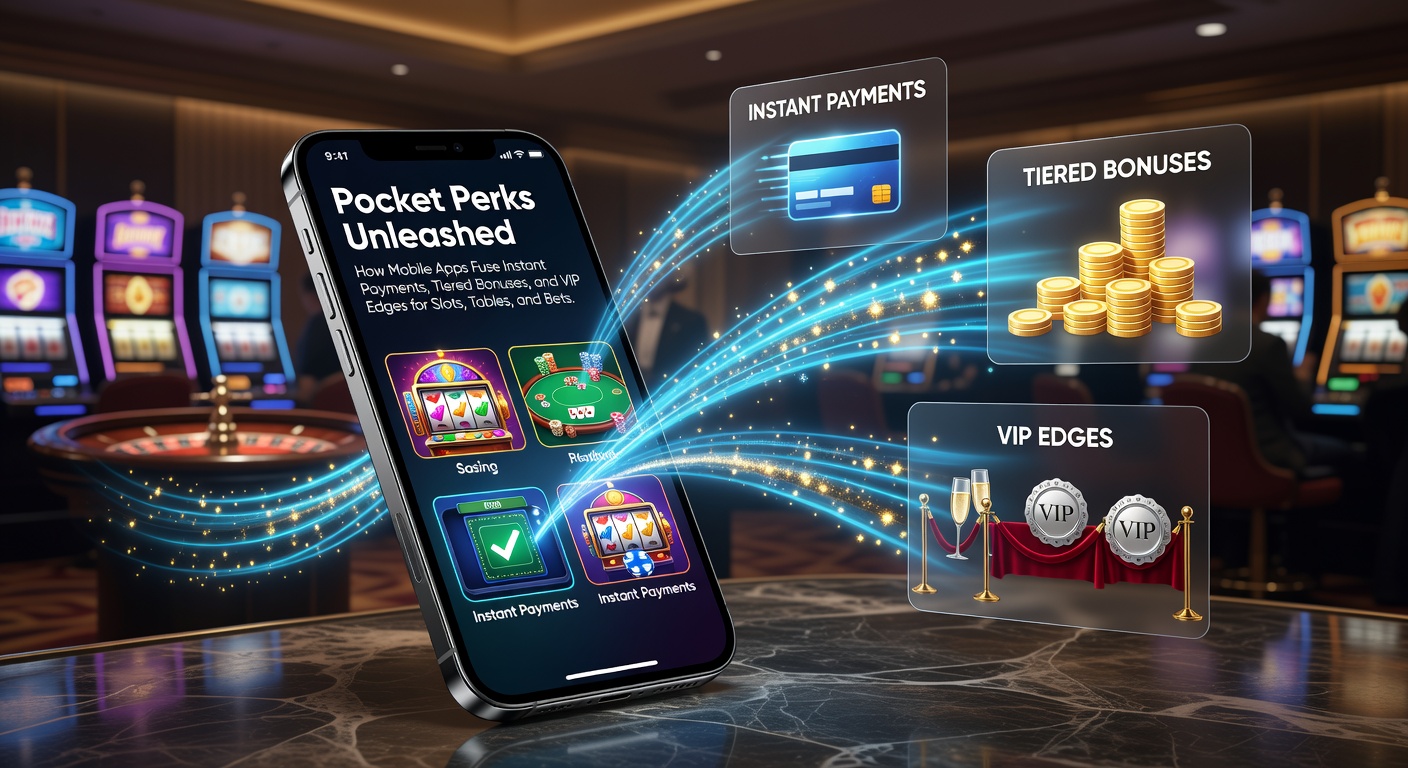 Smartphone met mobiele gokapp die instant betalingen, bonussen en VIP-features toont voor slots en tafels