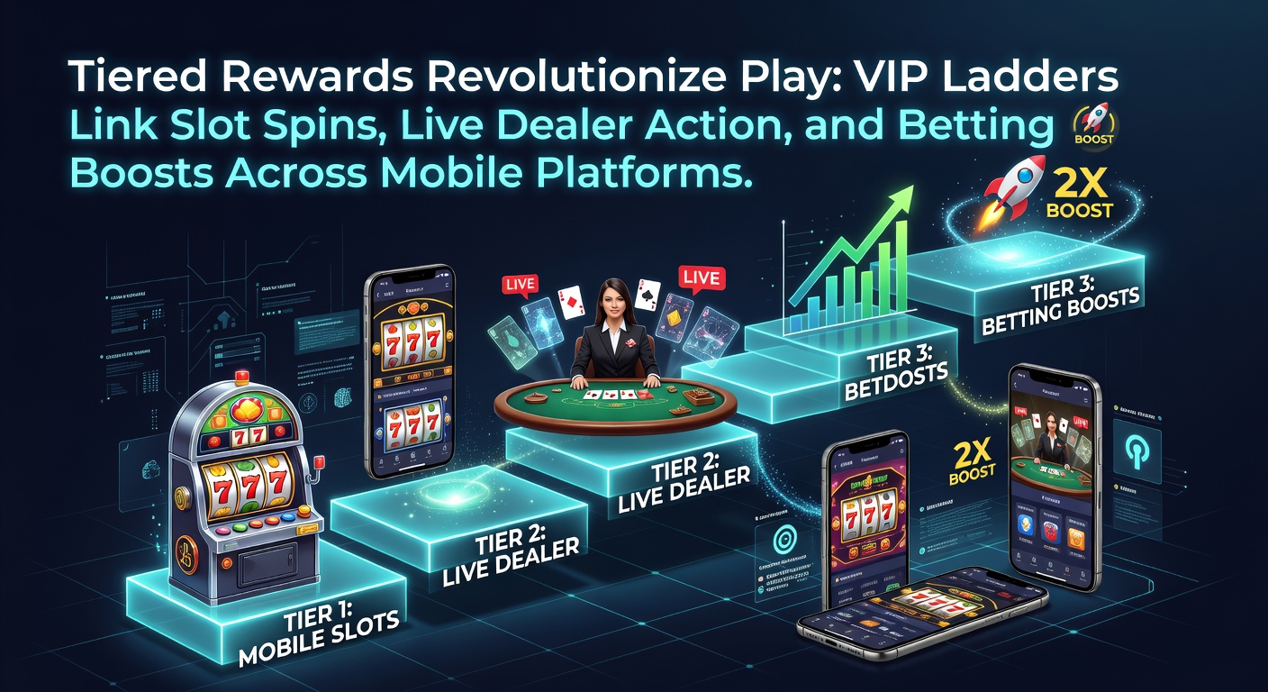 Grafische weergave van een VIP-ladder met iconen voor slots, live dealers en sportweddenschappen op een mobiel scherm